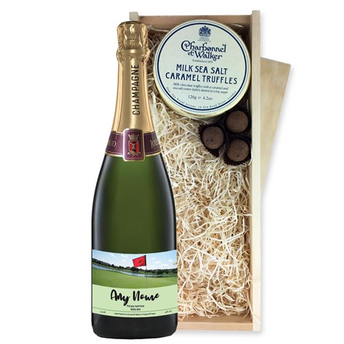 Personalised Champagne - Golf Label And Milk Sea Salt Charbonnel Chocolates Box